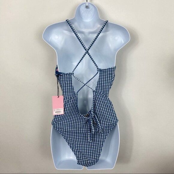 Juicy Couture WMNS L Blue Gingham One Piece Zip Up Swimsuit Open Back Classic - Picture 6 of 11